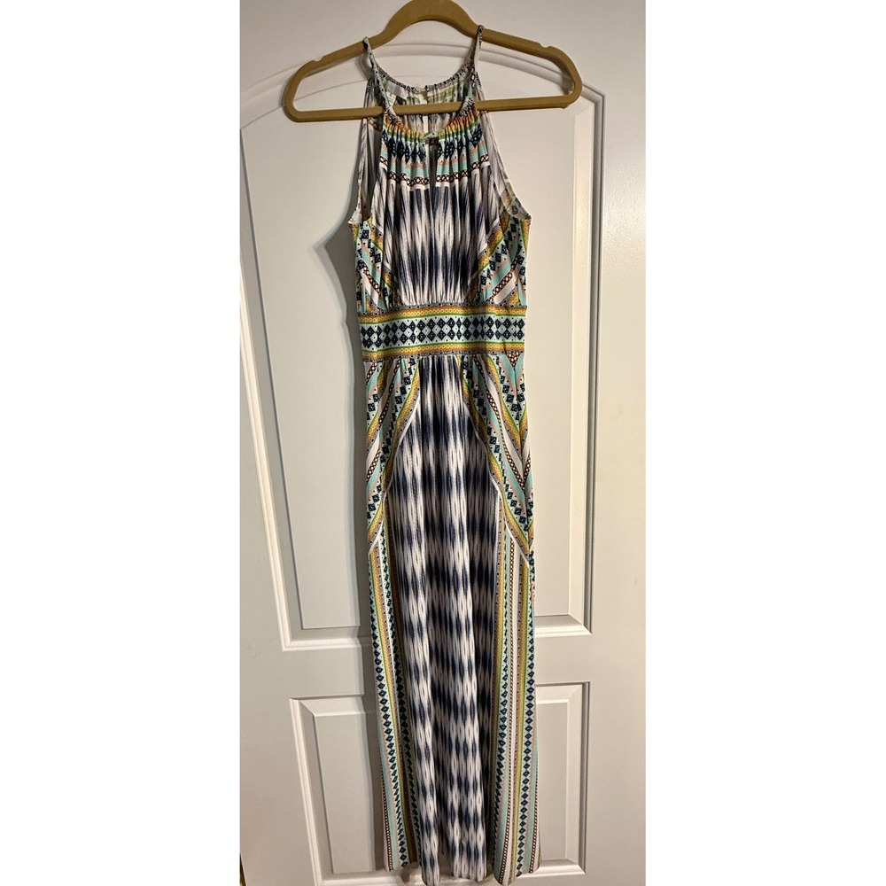 London Times Maxi Dress Womens 6 Multi Color Boho Tribal Ikat Halter Festival